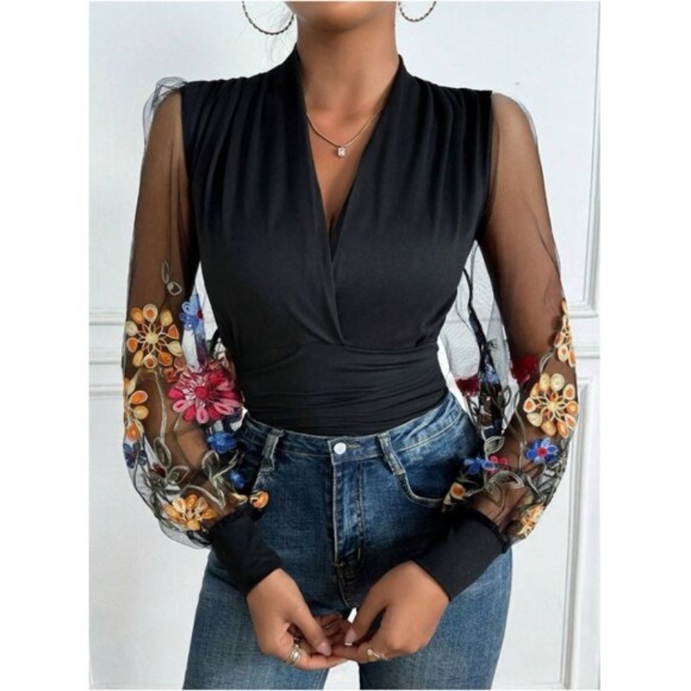 Boho Floral Embroidered Lantern Sleeves Top Black